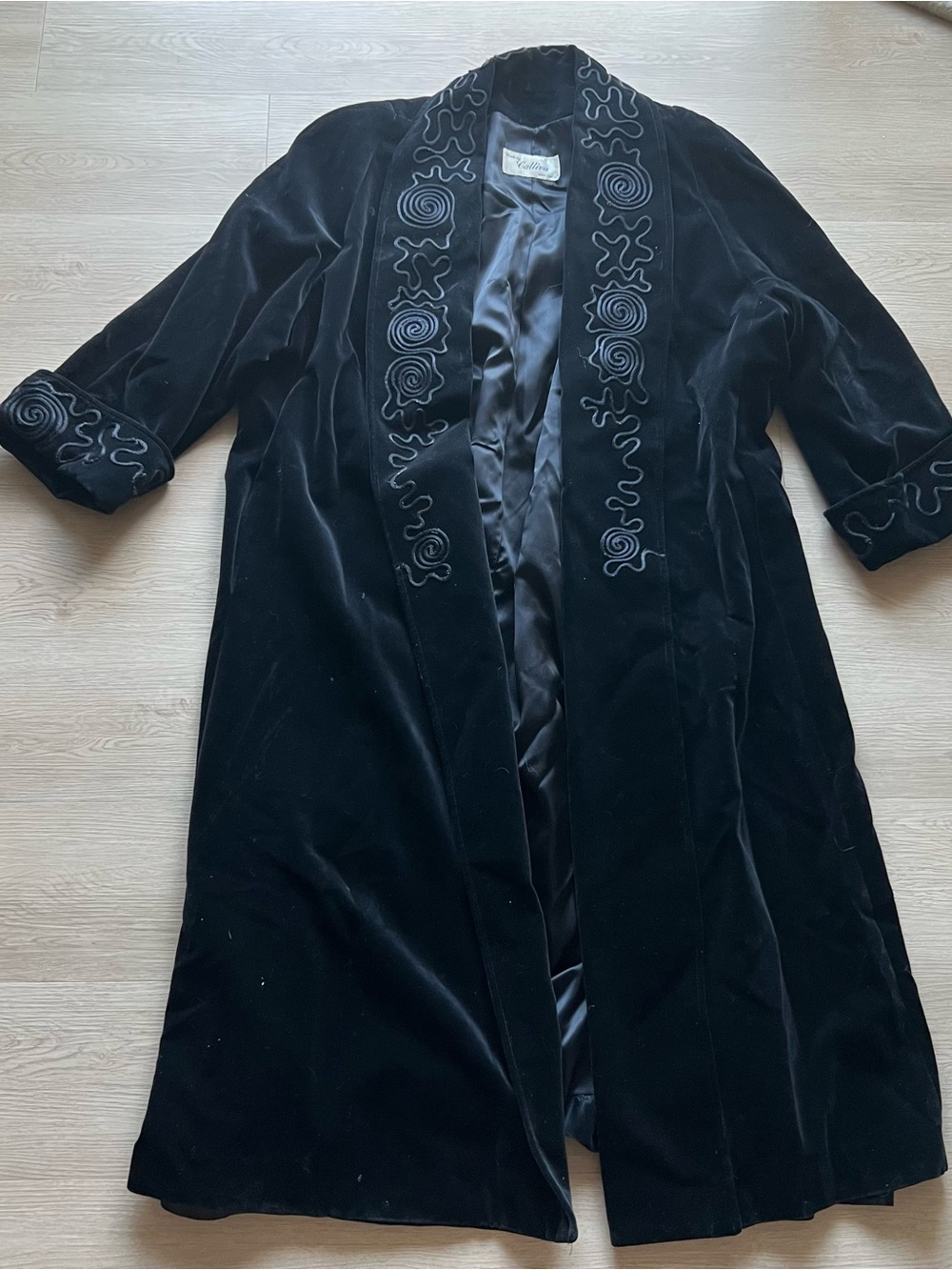 Vintage Black Velvet Long Jacket with Applique Designs